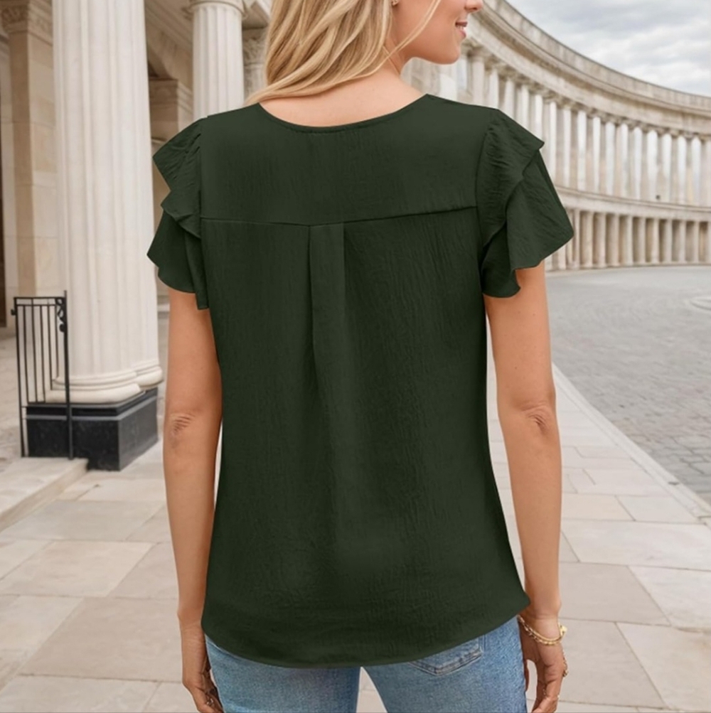 Elegant Black and Green Ruffle Sleeve Tops - Picture 8 of 11